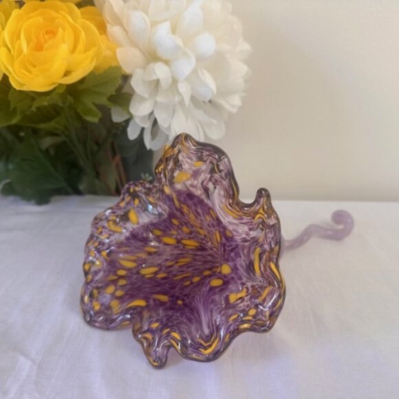 Hand Blown Murano Style Trumpet Dish‎ Purple Yellow Swirl Glass Art MCM Italian - Picture 4 of 4